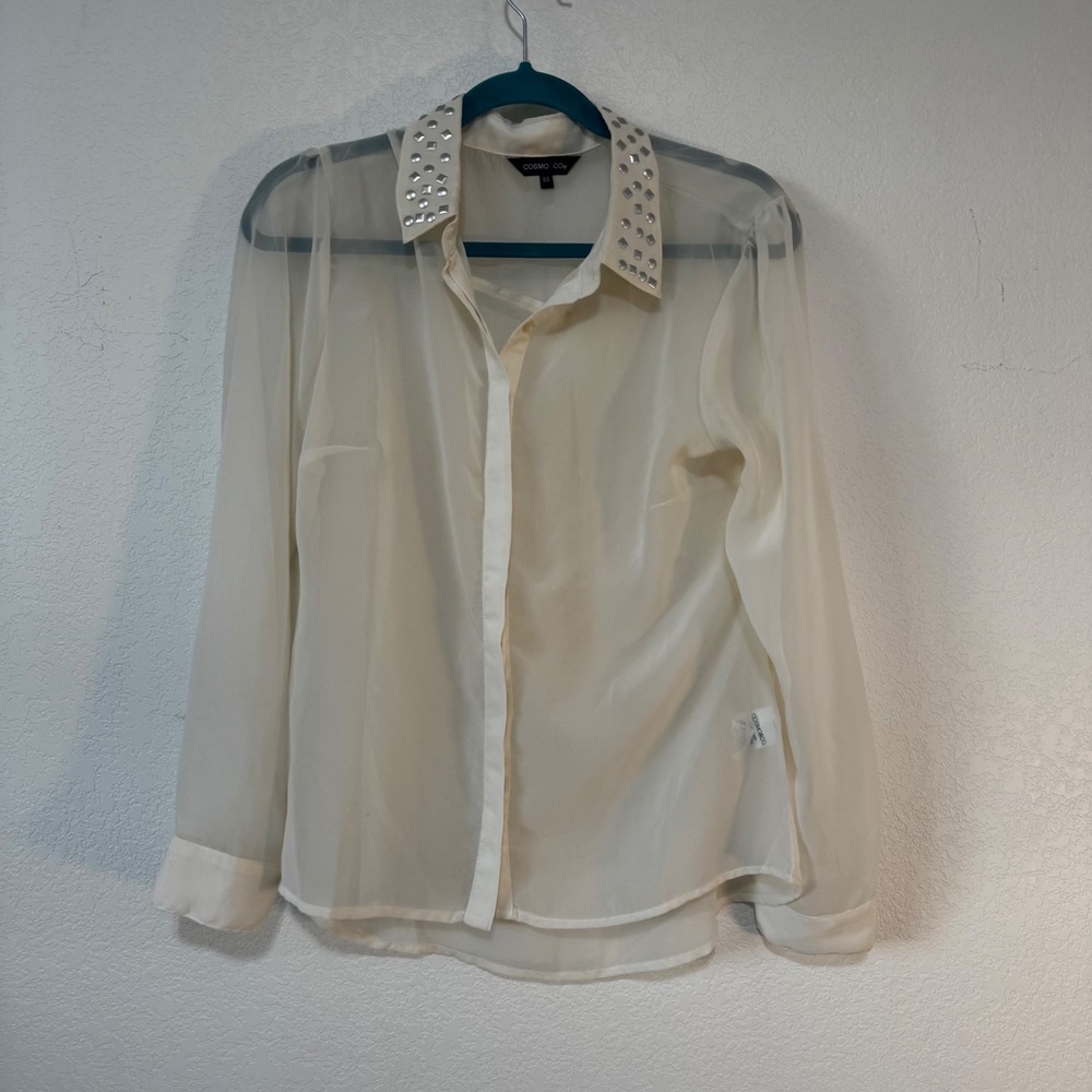 COSMO & CO Sheer Embellished Collar Button Up Blouse Cream EG - Picture 1 of 5